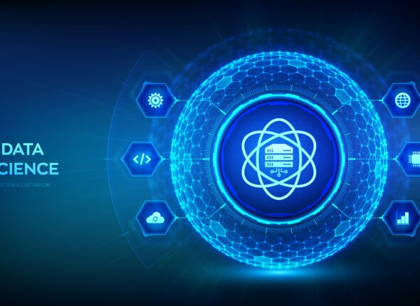 Data Science. Deep learning. Artificial intelligence, Analysis. Big data. Machine learning. Computer science technology concept in the shape of sphere with hexagon grid pattern. Vector illustration.